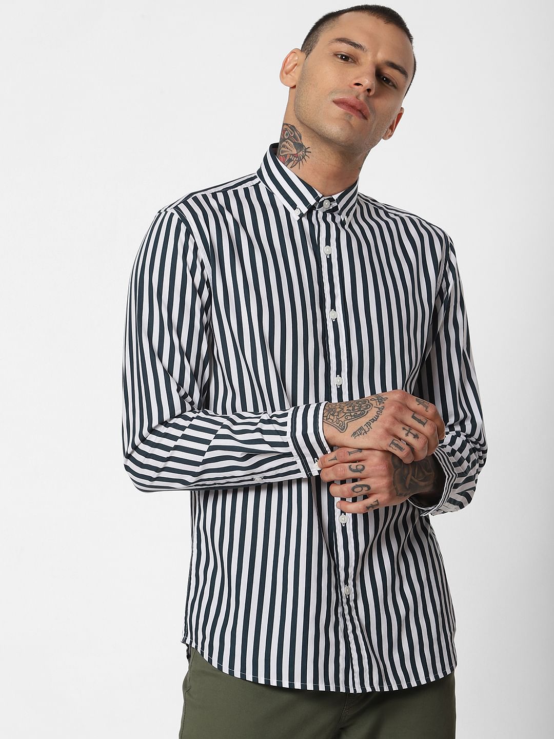 Dark Green Striped Full Sleeves Shirt