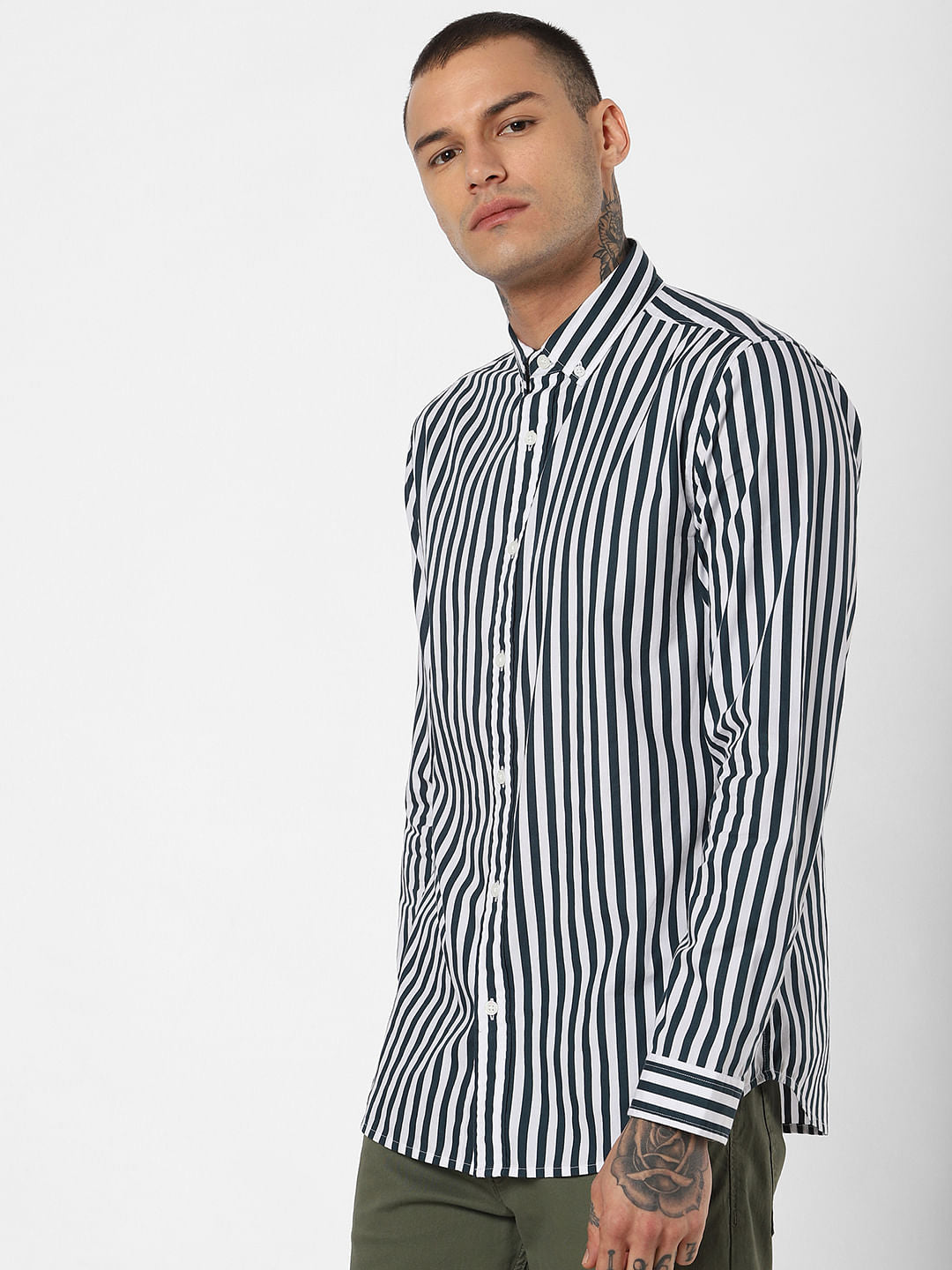 Dark Green Striped Full Sleeves Shirt