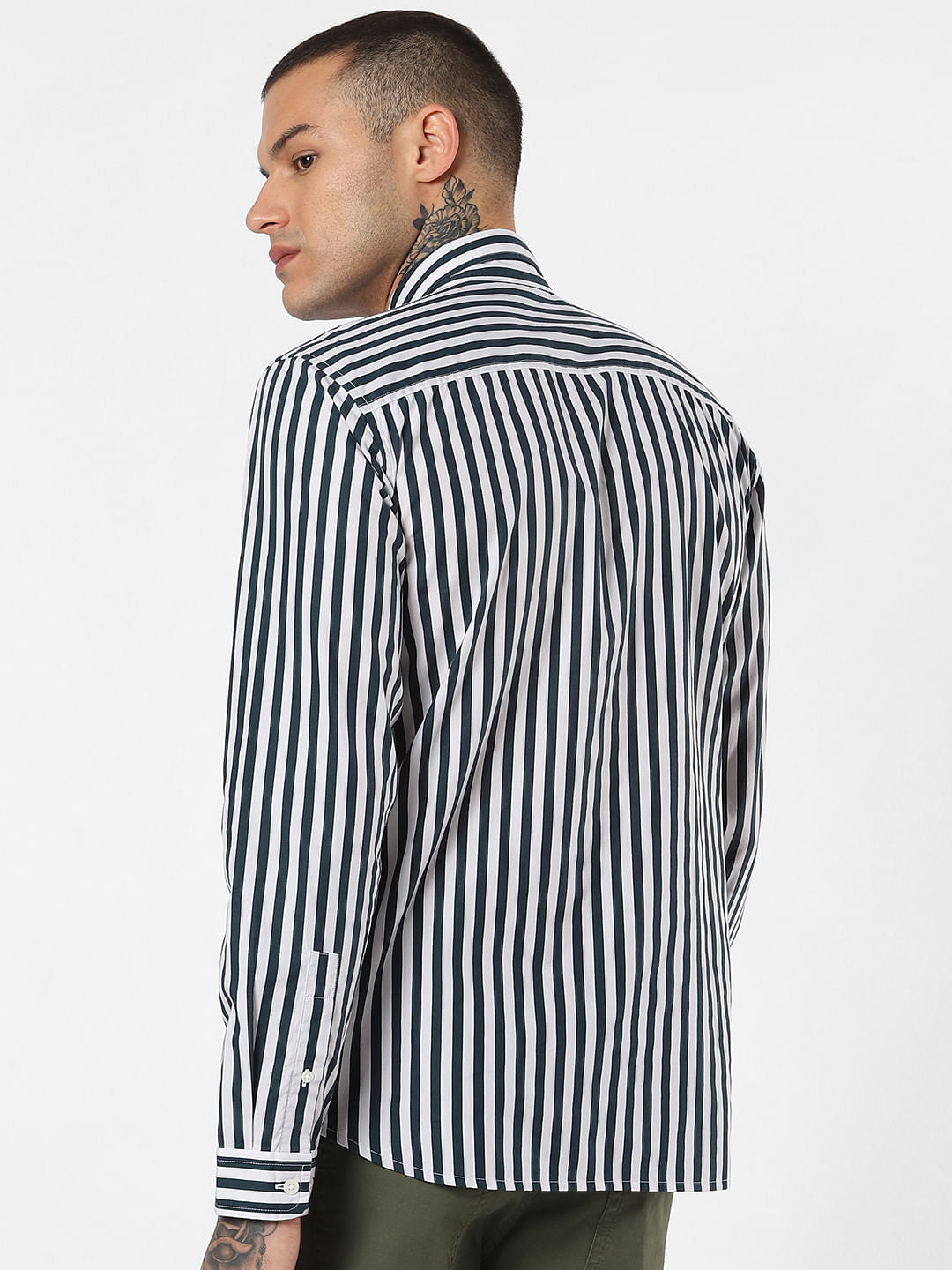 Dark Green Striped Full Sleeves Shirt