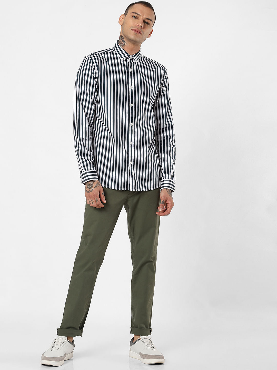 Dark Green Striped Full Sleeves Shirt