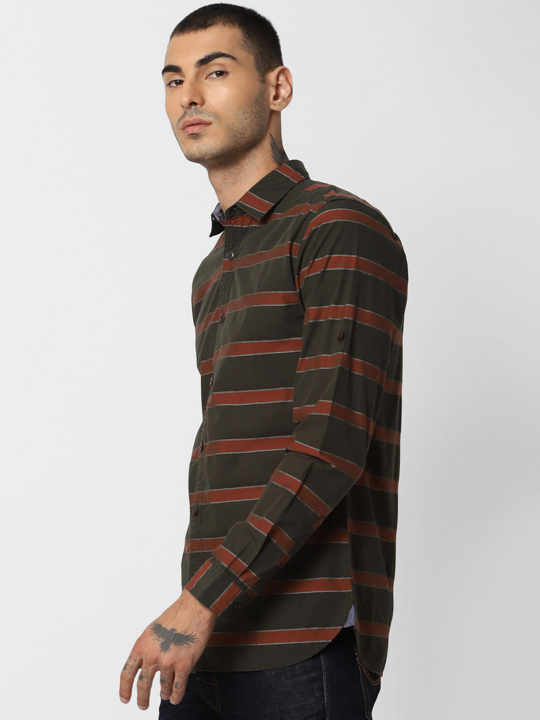 Dark Green Striped Full Sleeves Shirt
