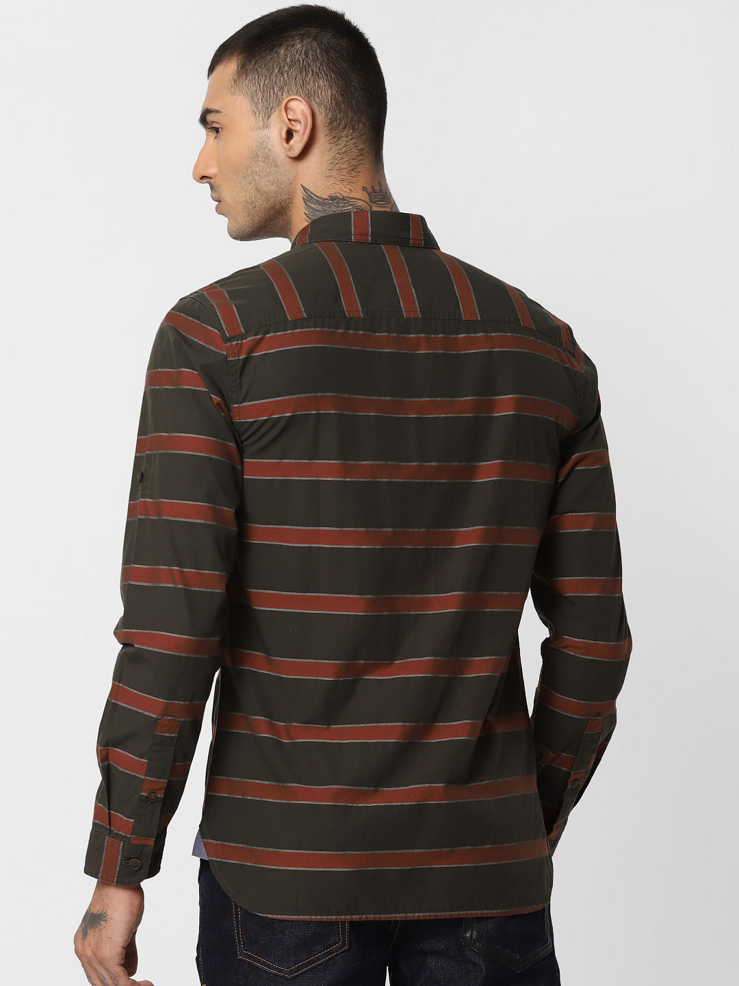 Dark Green Striped Full Sleeves Shirt