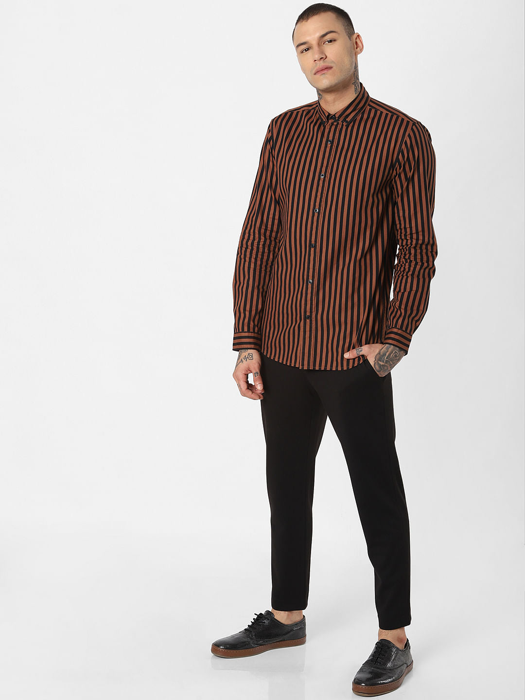 Brown Striped Full Sleeves Shirt
