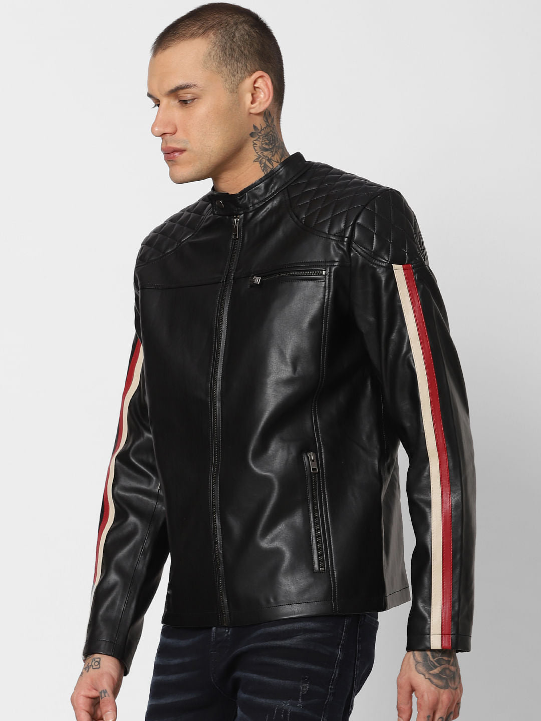 Black Tape Detail Biker Jacket