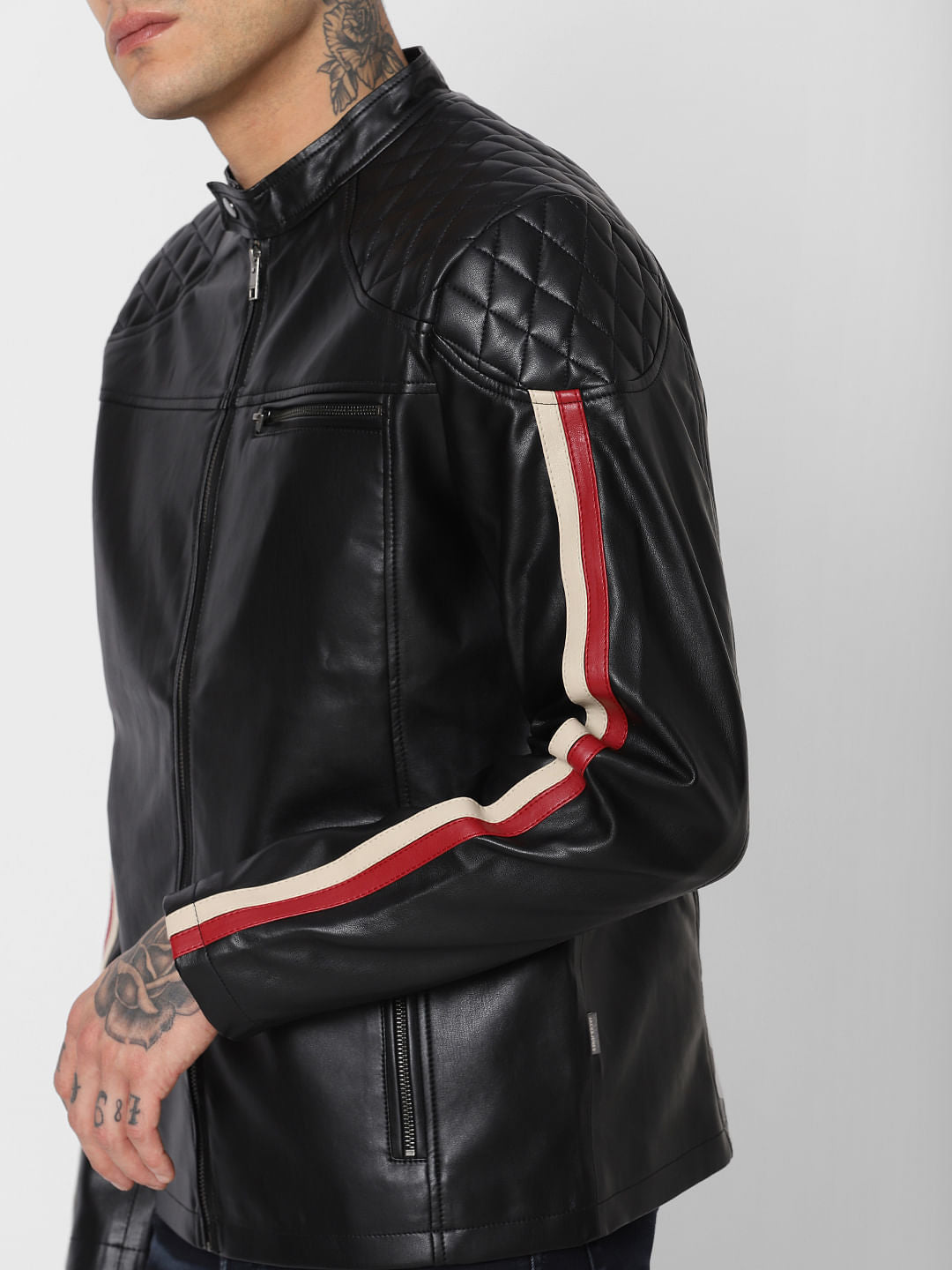 Black Tape Detail Biker Jacket