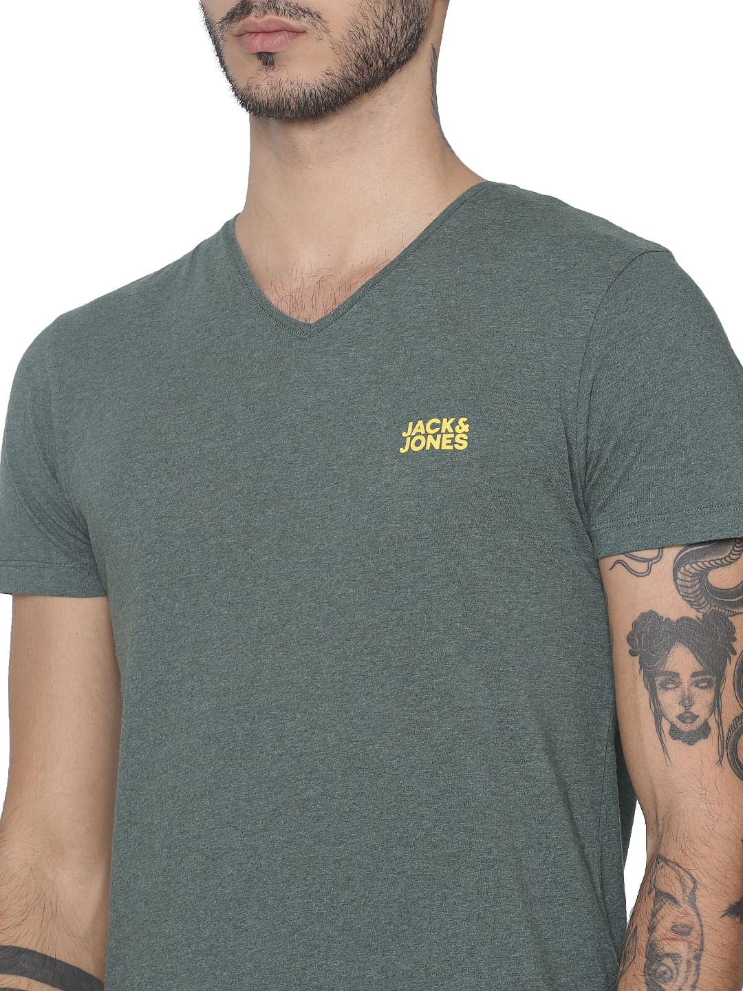Green Logo Print V Neck T-shirt