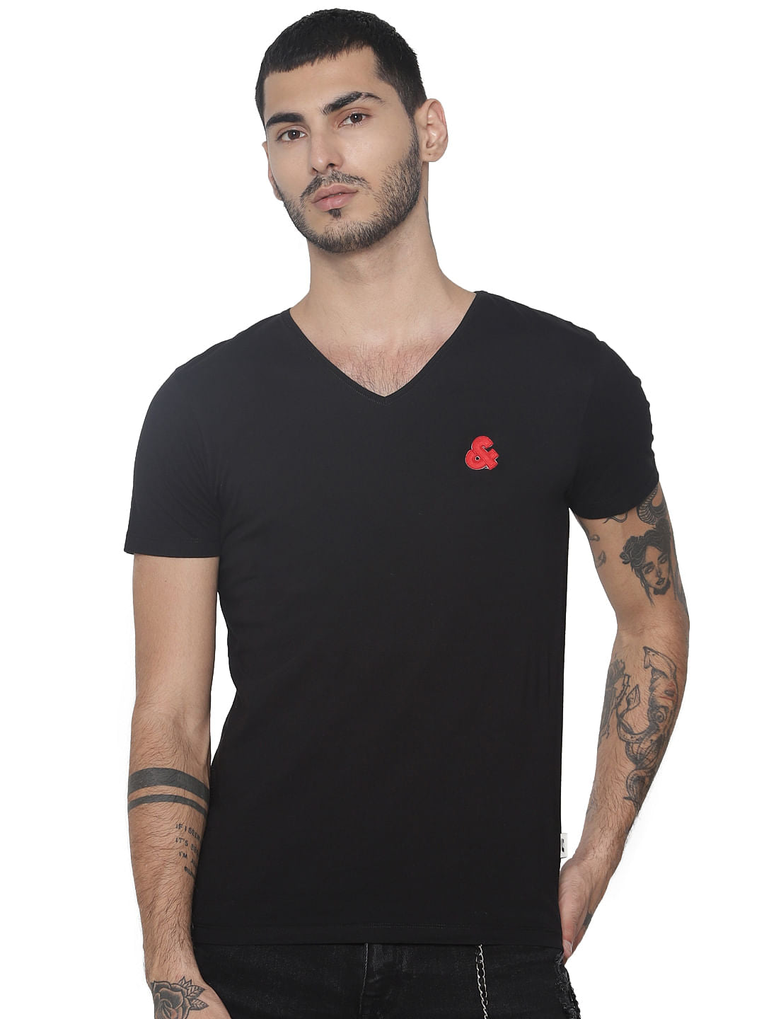 Black Logo Print V Neck T-shirt