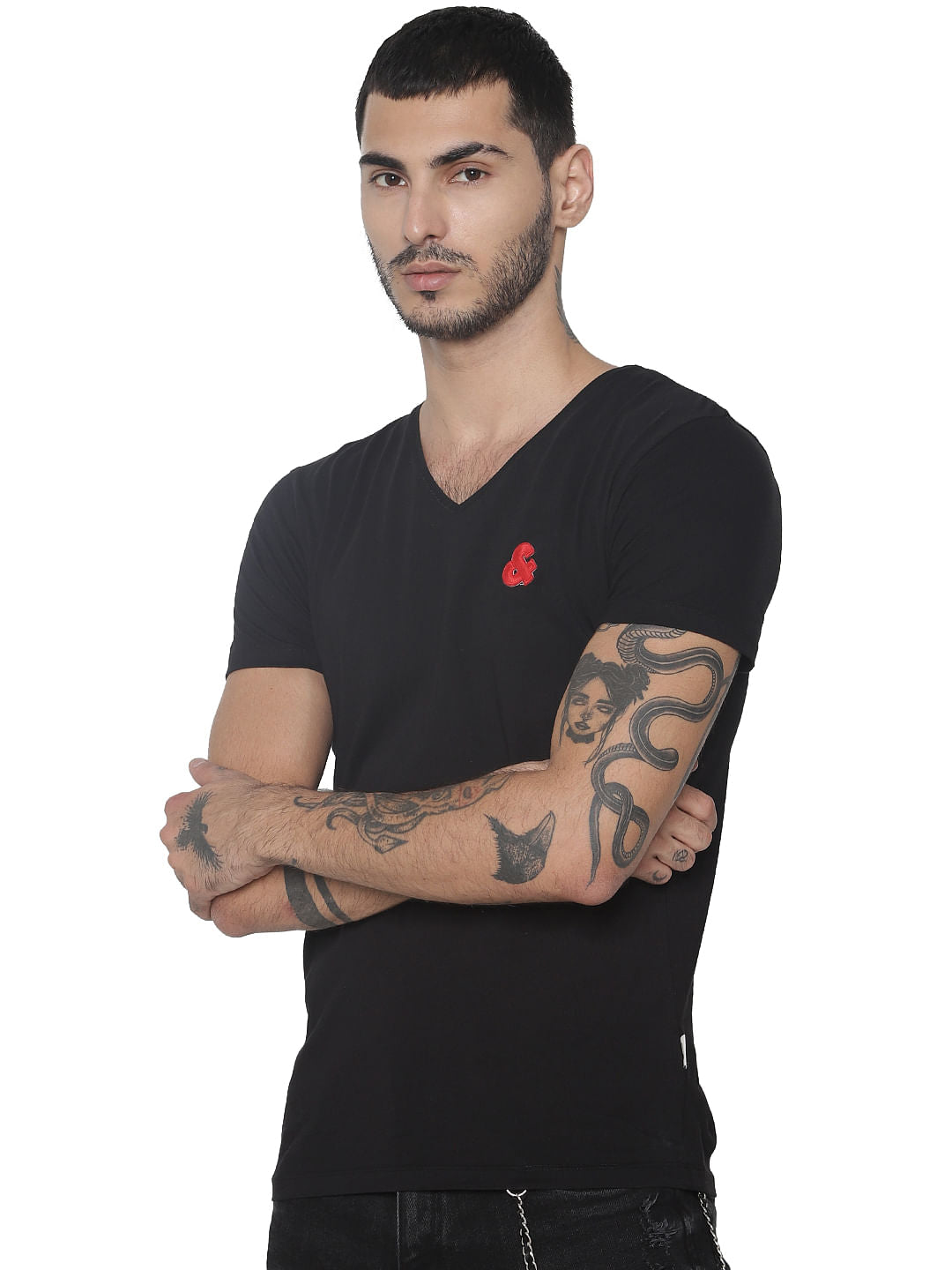 Black Logo Print V Neck T-shirt