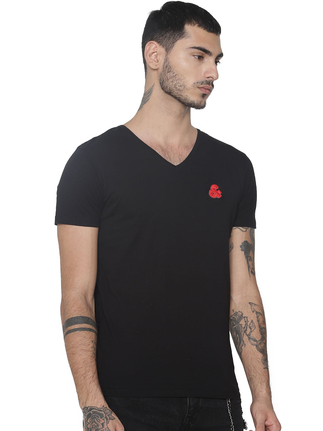 Black Logo Print V Neck T-shirt