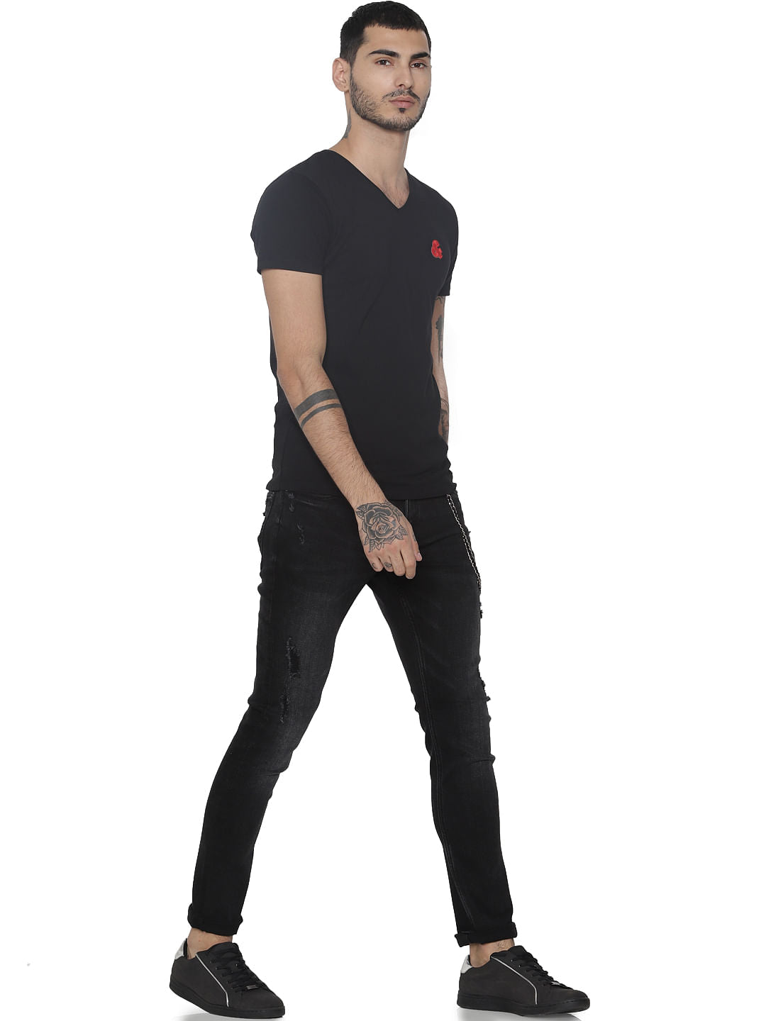 Black Logo Print V Neck T-shirt