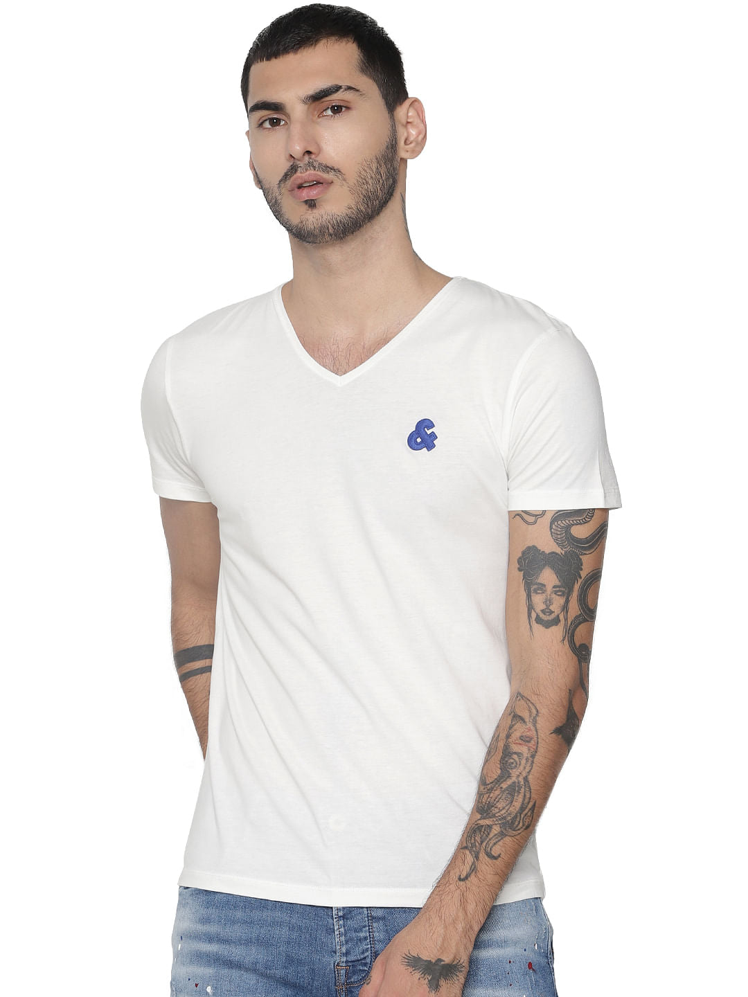 White Logo Print V Neck T-shirt