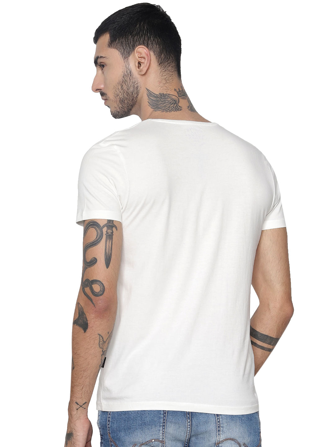 White Logo Print V Neck T-shirt
