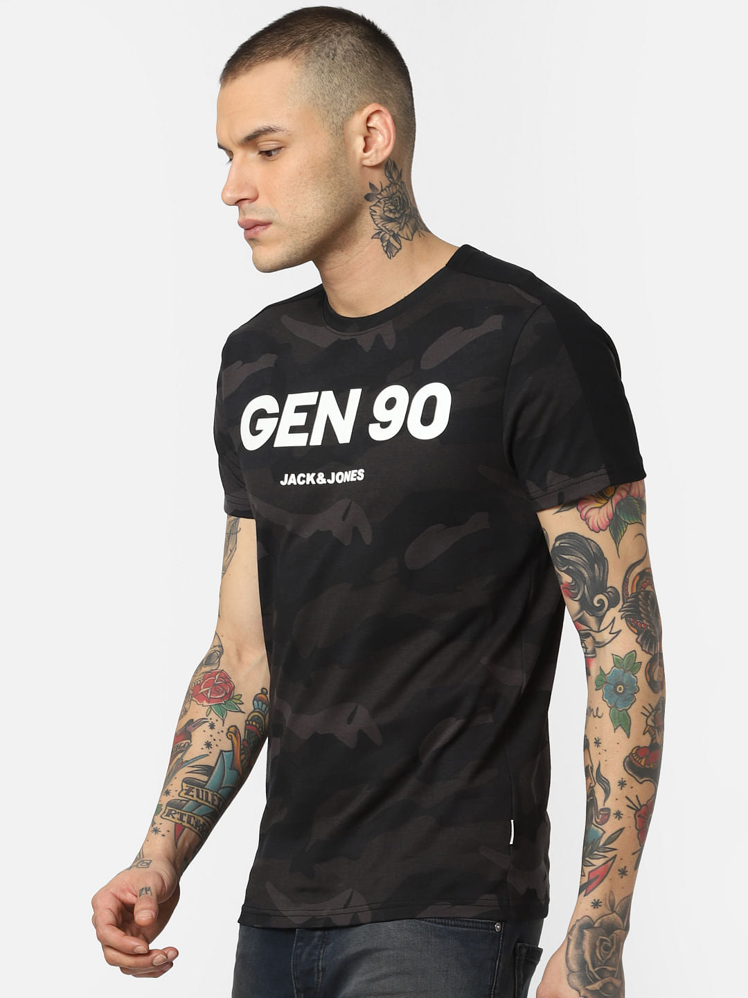 Black Camo Print Crew Neck T-Shirt