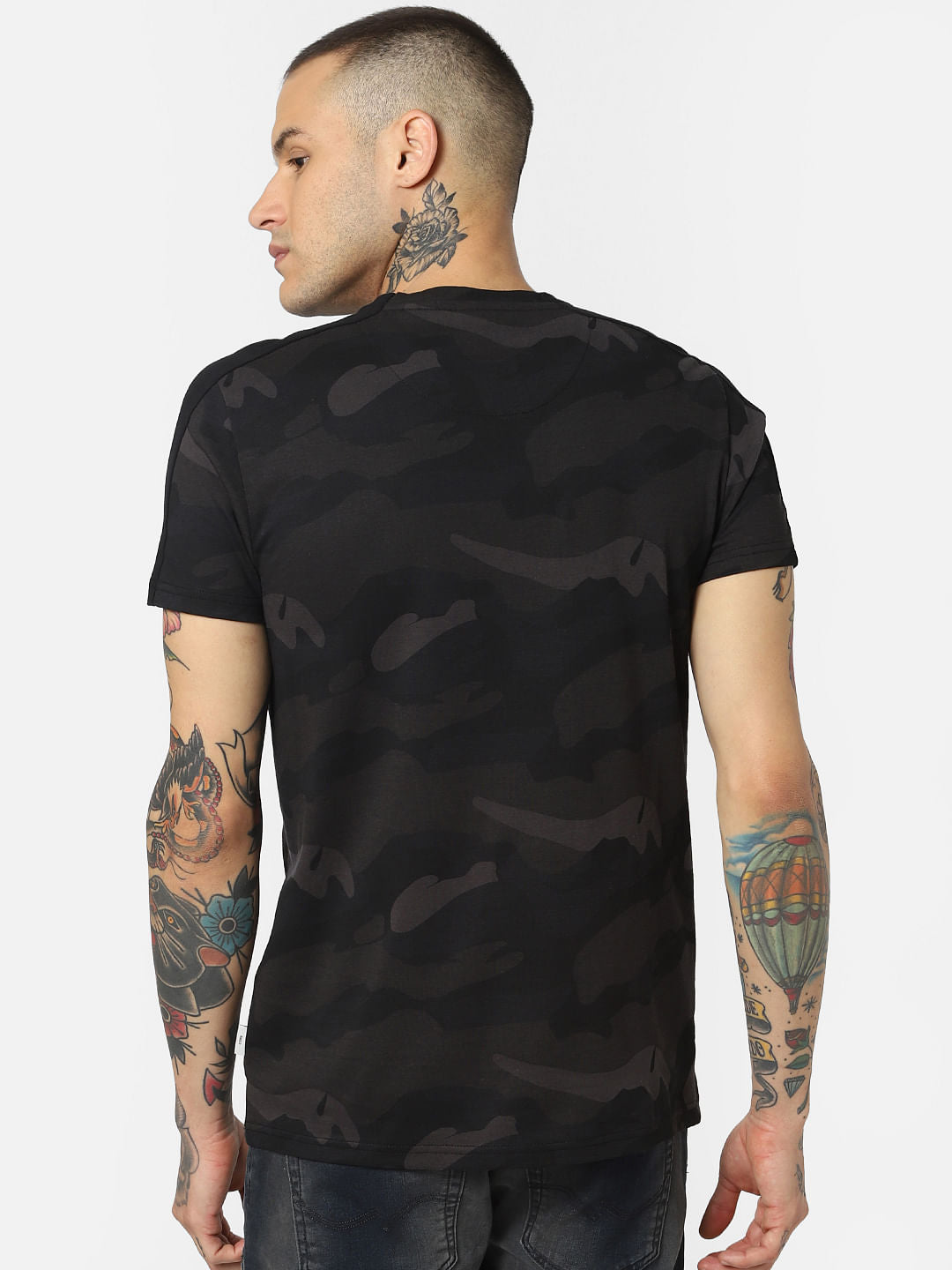 Black Camo Print Crew Neck T-Shirt