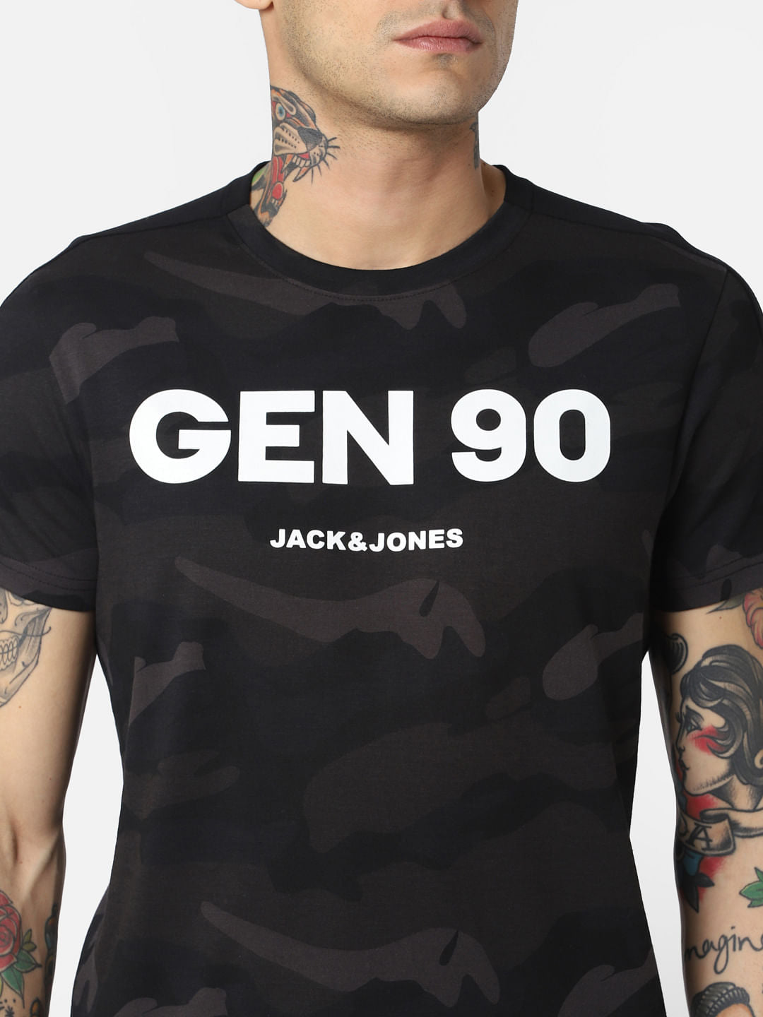 Black Camo Print Crew Neck T-Shirt