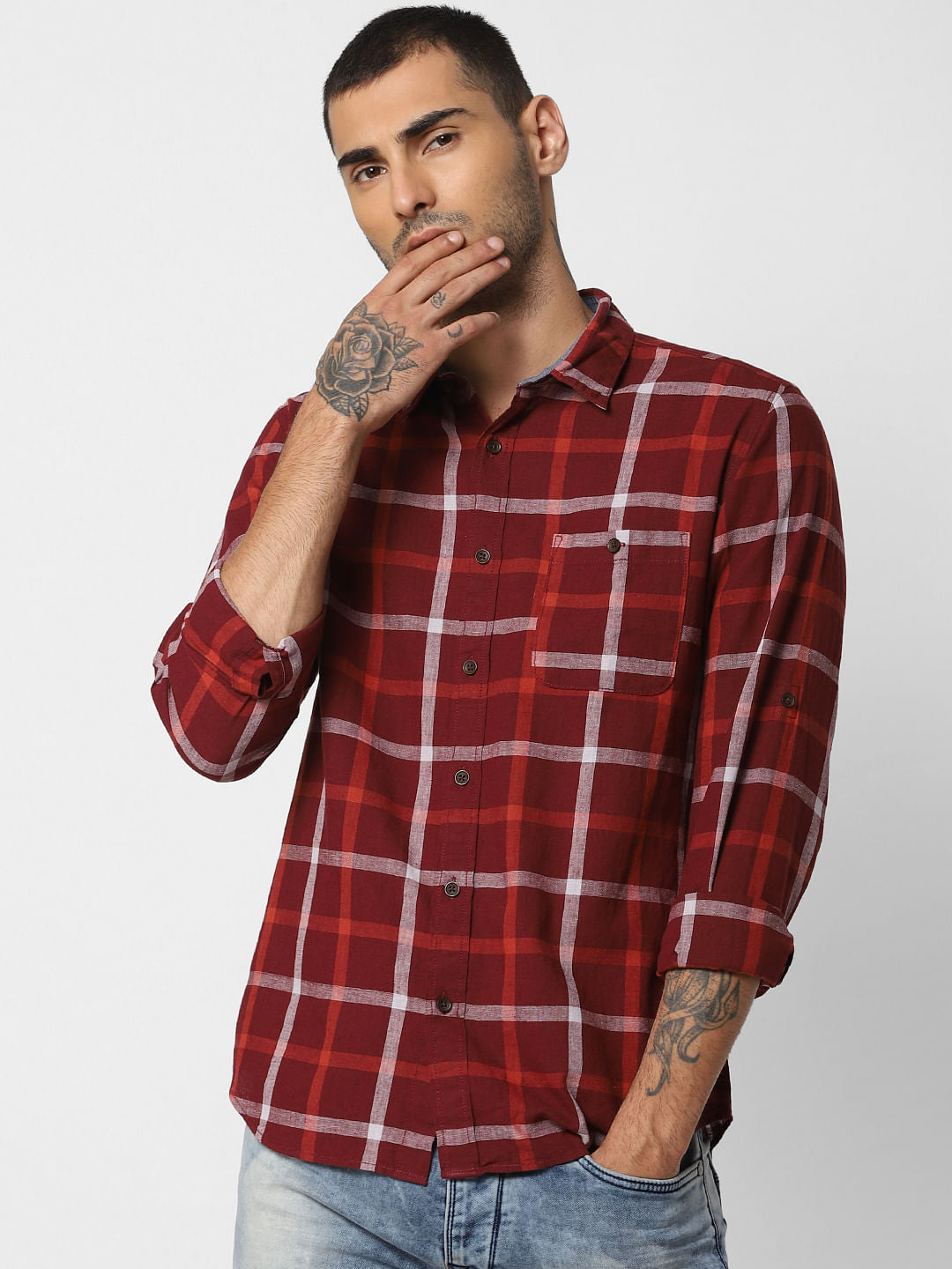 Dark Red Check Full Sleeves Shirt