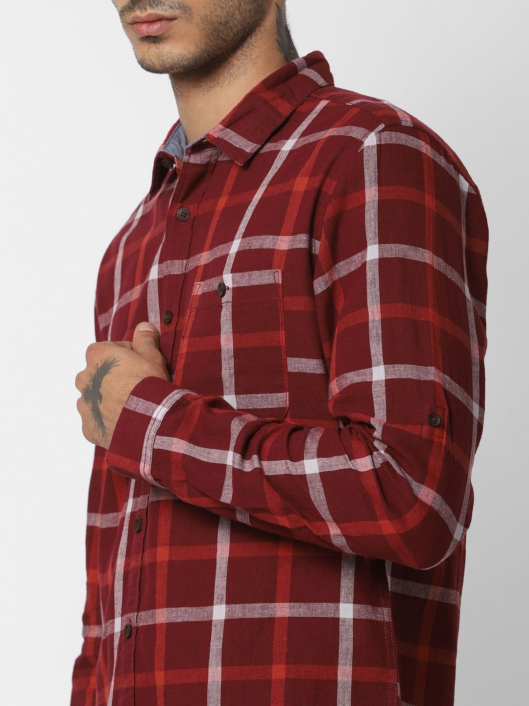 Dark Red Check Full Sleeves Shirt