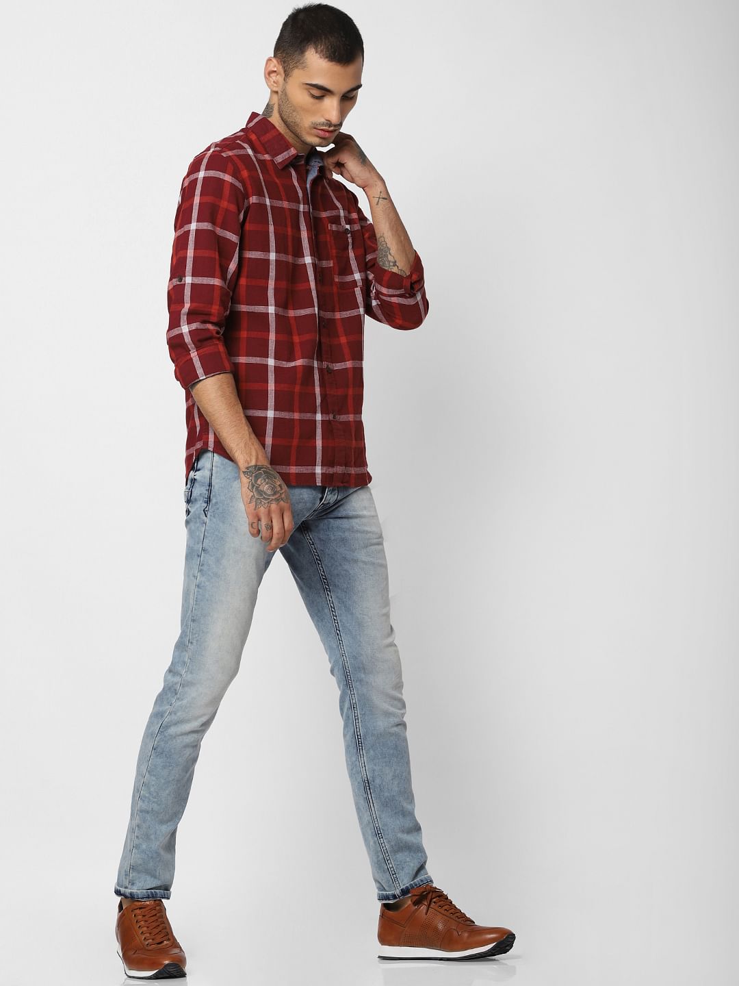Dark Red Check Full Sleeves Shirt
