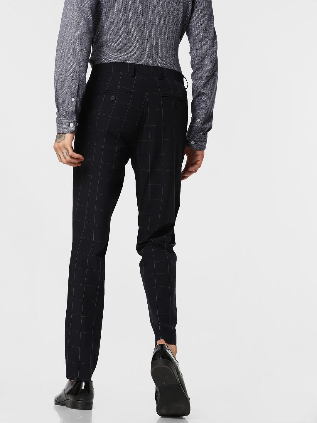 Navy Blue Check Formal Trousers