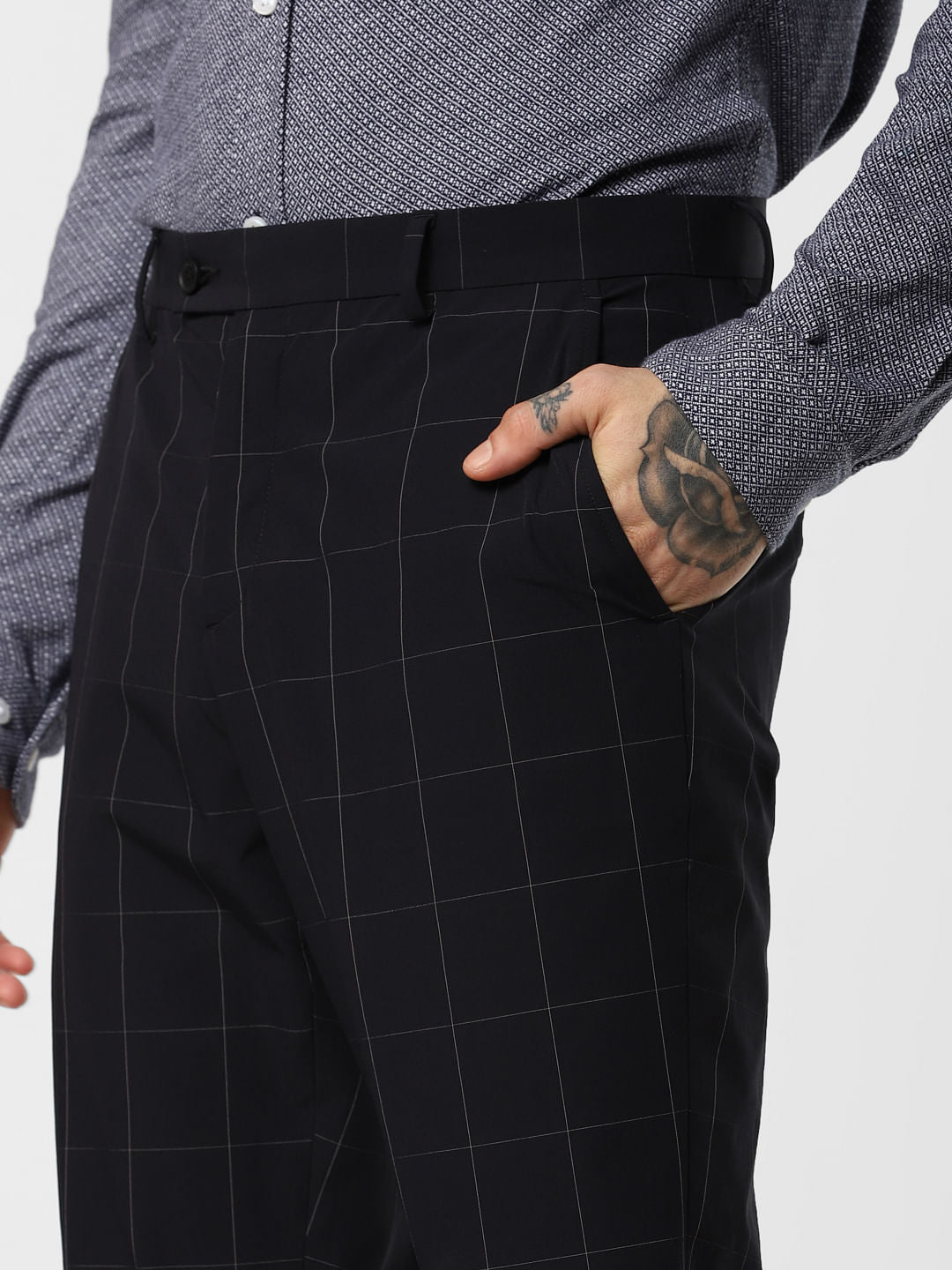 Navy Blue Check Formal Trousers