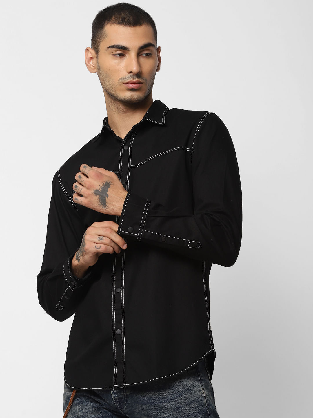Black Contrast Stitching Full Sleeves Shirt