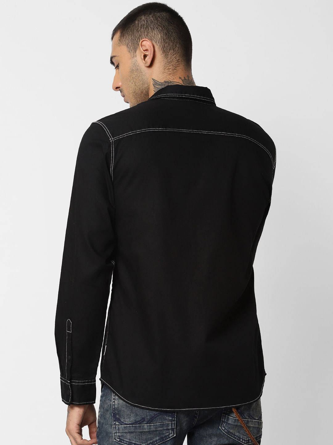 Black Contrast Stitching Full Sleeves Shirt