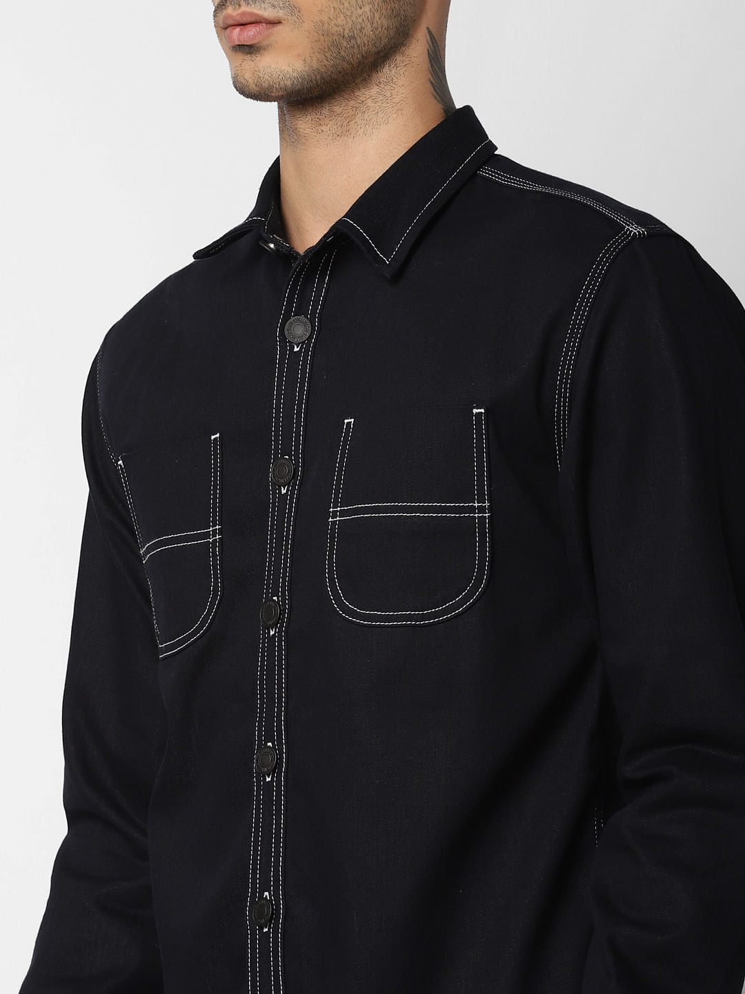 Black Contrast Stitching Full Sleeves Shirt
