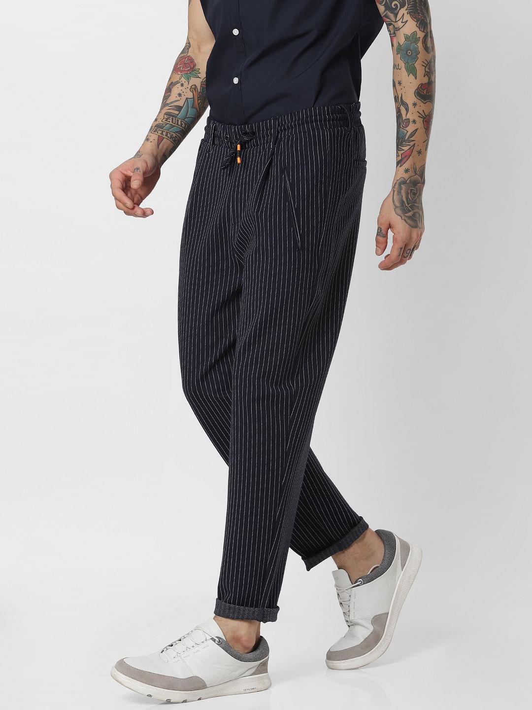 Navy Blue Striped Drawstring Pants