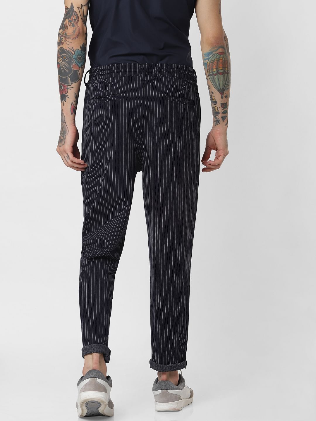 Navy Blue Striped Drawstring Pants