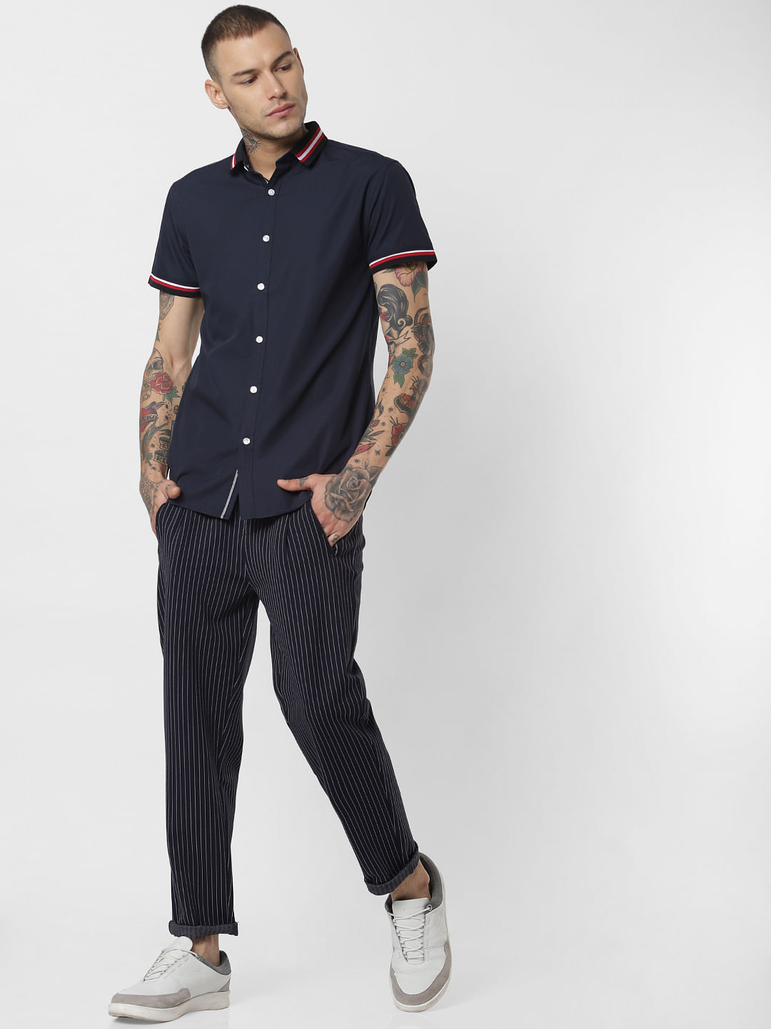 Navy Blue Striped Drawstring Pants