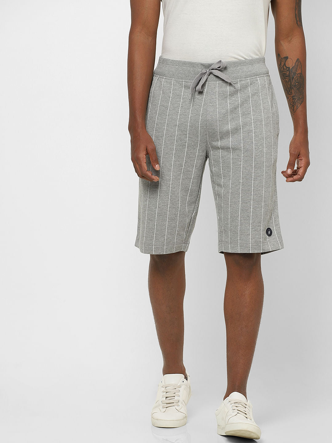 Grey Mid Rise Striped Sweatshorts
