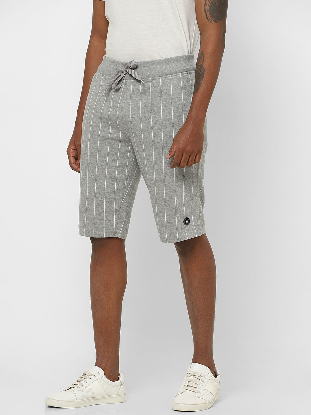 Grey Mid Rise Striped Sweatshorts