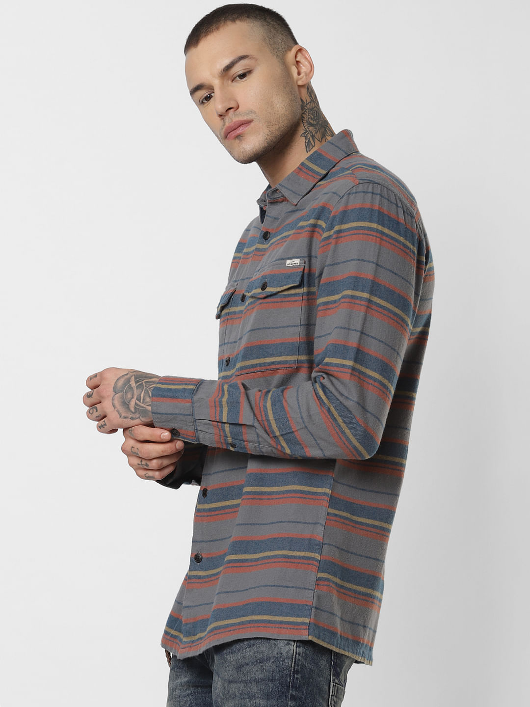Grey Striped Full Sleeves Shirt
