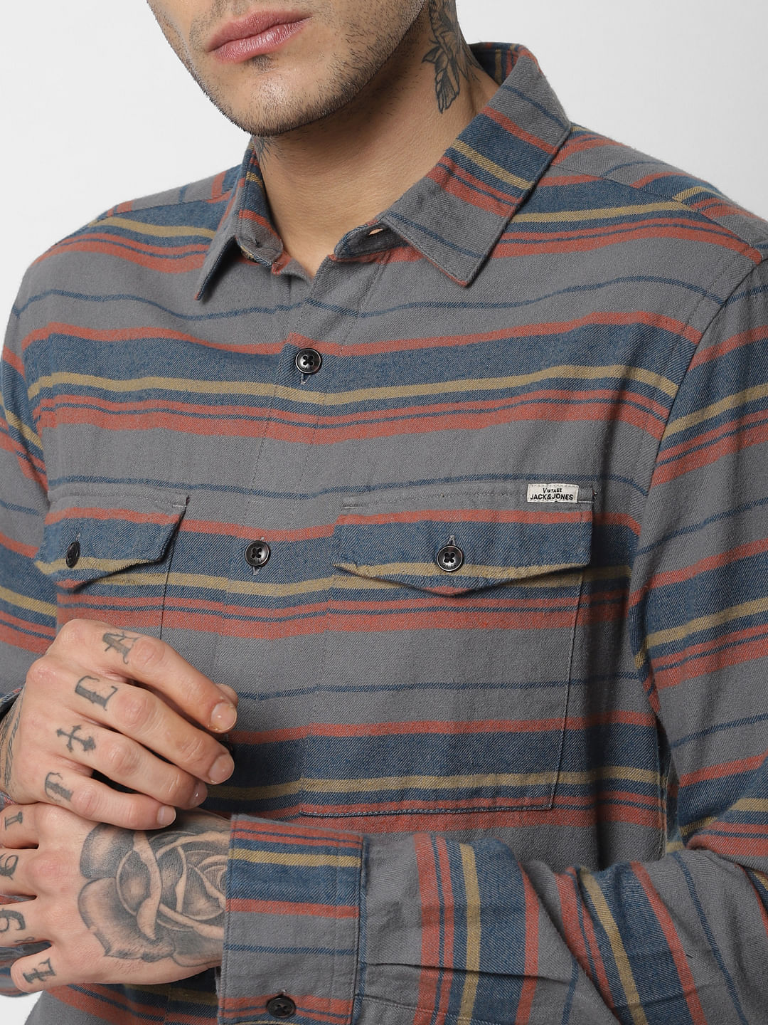 Grey Striped Full Sleeves Shirt