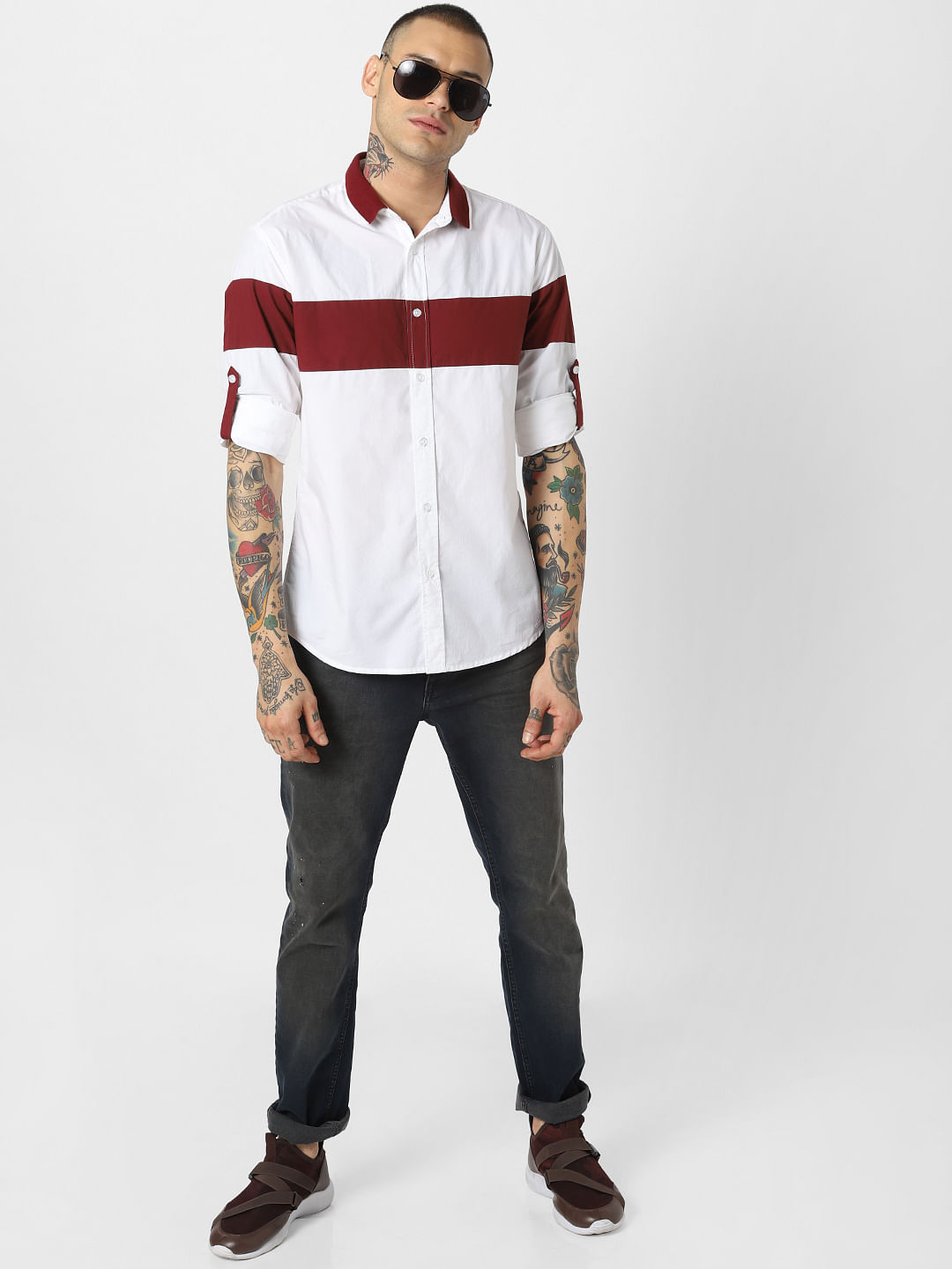 White Colourblocked Full Sleeves Shirt