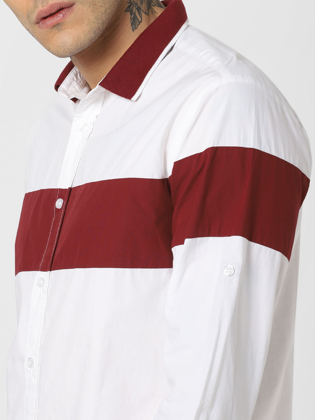 White Colourblocked Full Sleeves Shirt