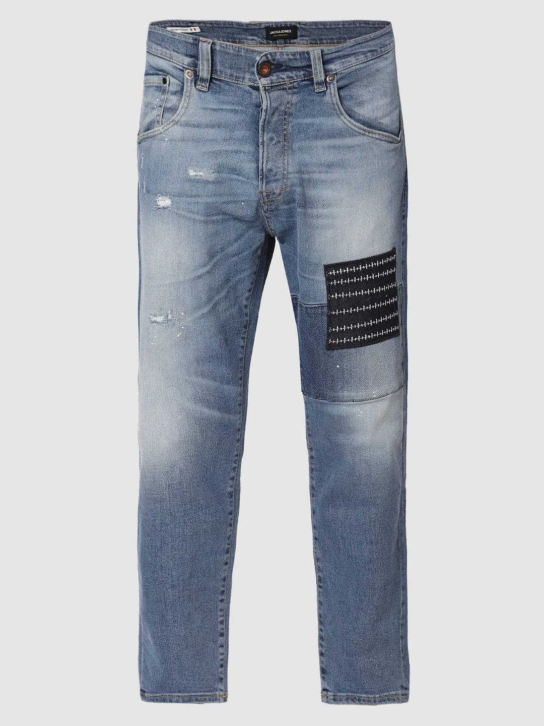 Blue Mid Rise Patch Detail Frank Anti Fit Jeans