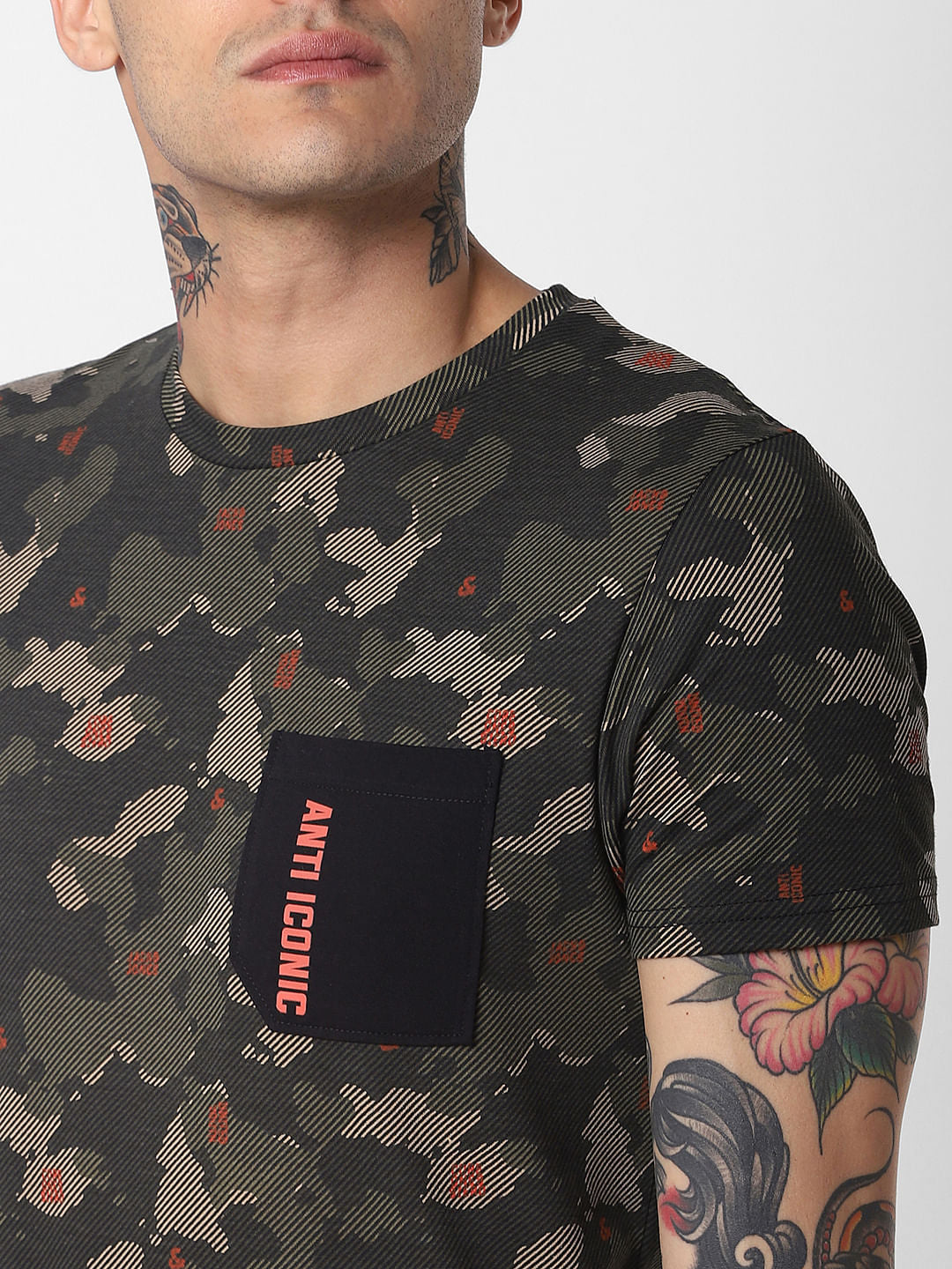 Dark Green Camo Print Crew Neck T-Shirt