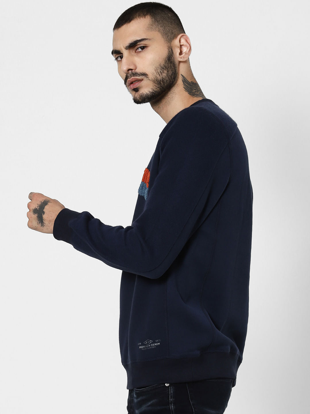 Navy Blue Embroidered Print Sweatshirt