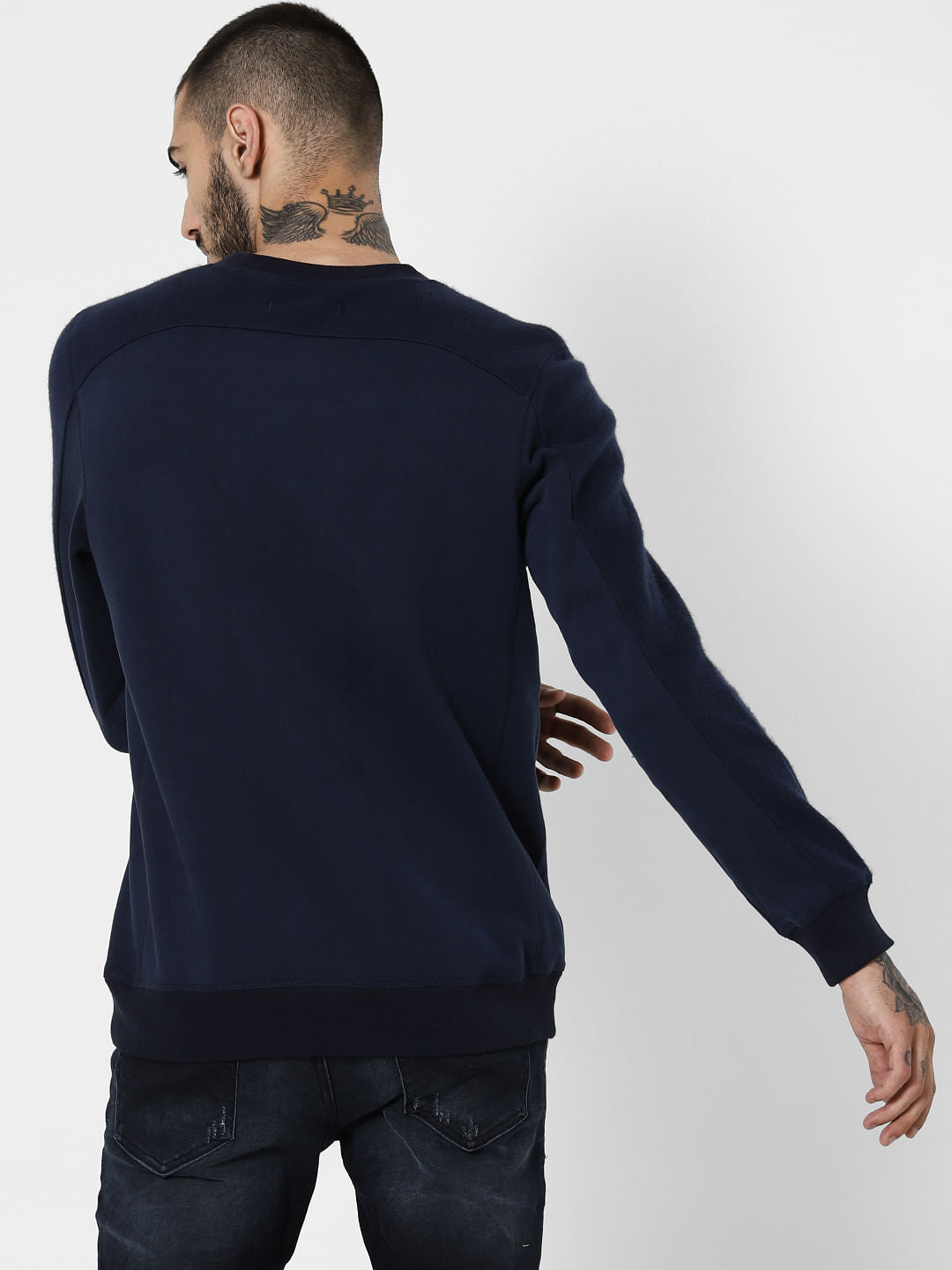 Navy Blue Embroidered Print Sweatshirt