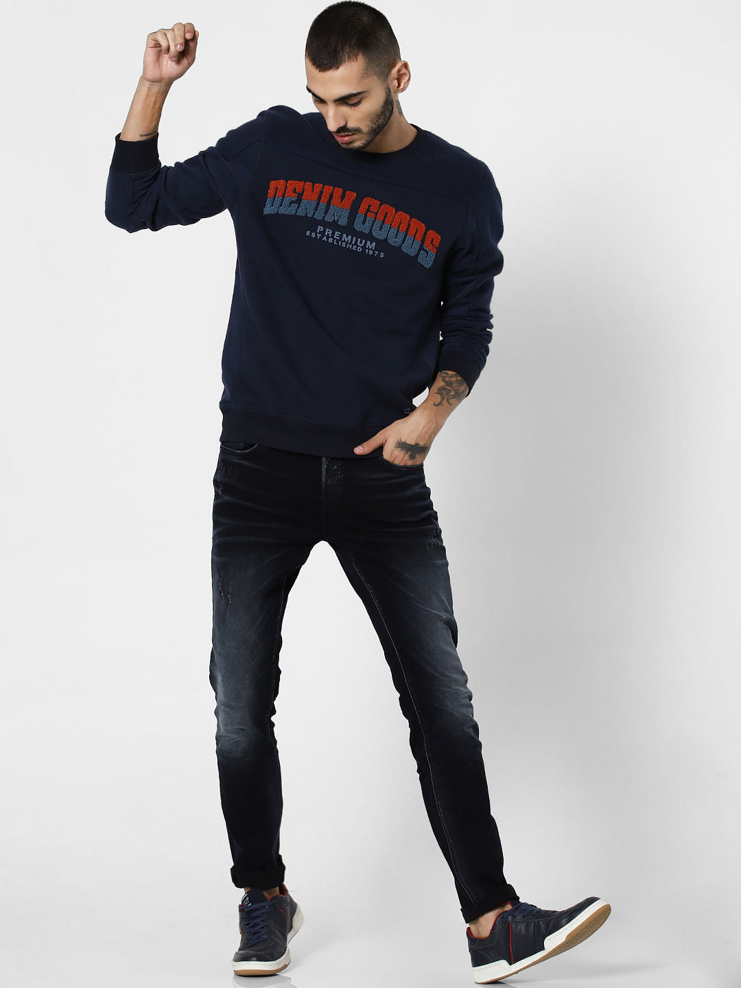 Navy Blue Embroidered Print Sweatshirt