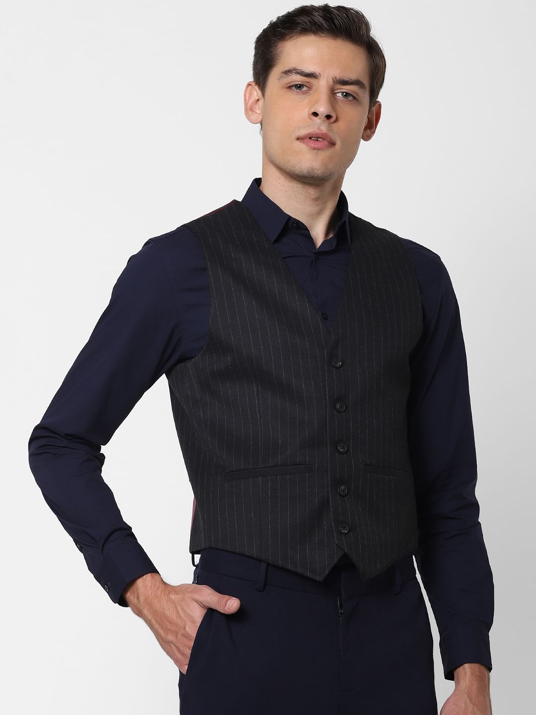 Black Striped Slim Fit Waistcoat