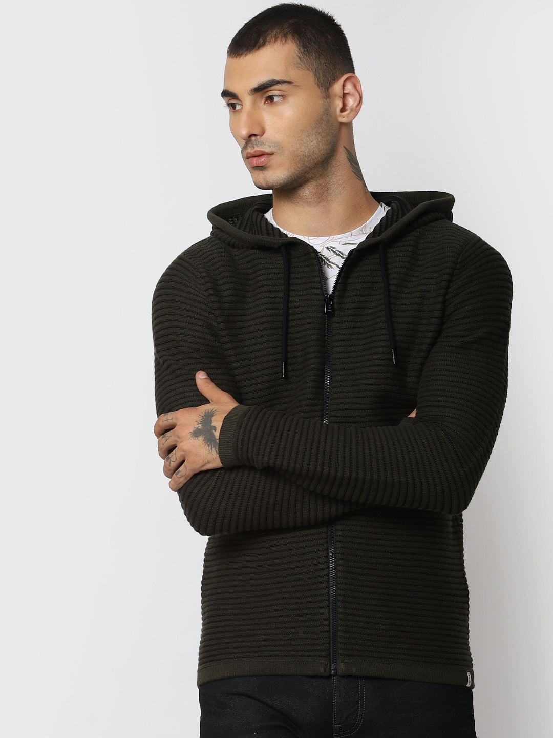 Green Striped Hooded Cardigan