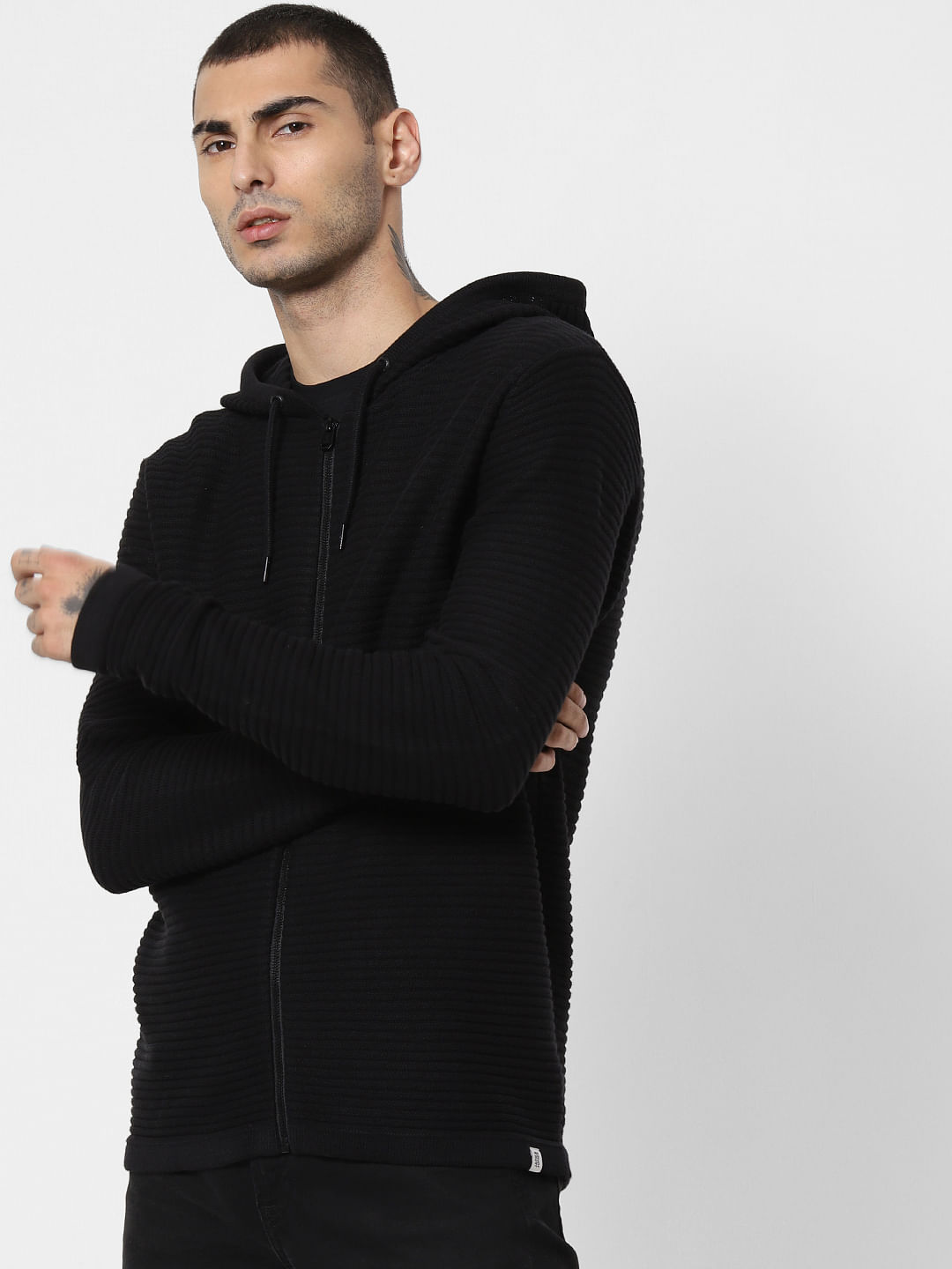 Black Ribbed Hooded Cardigan