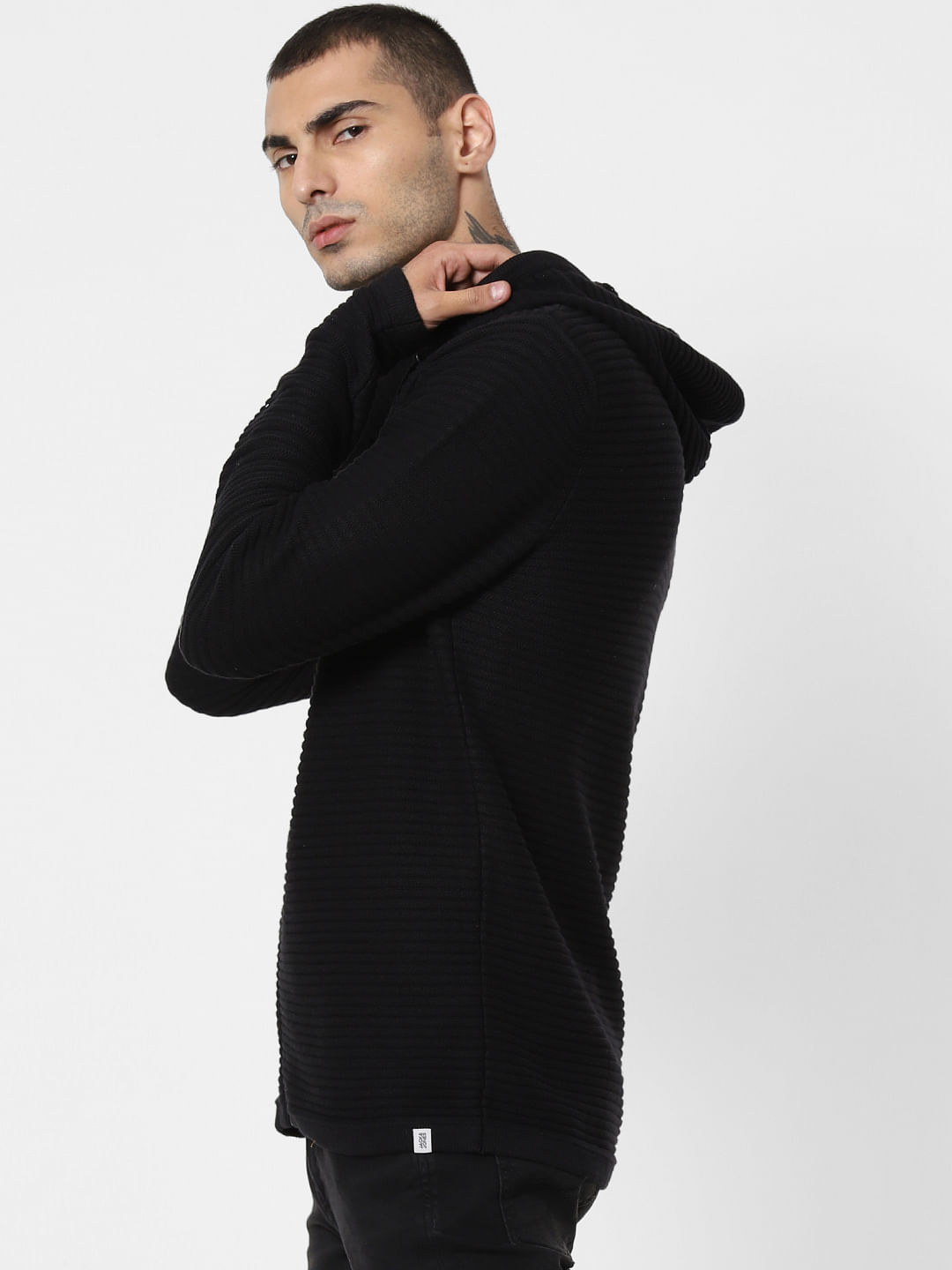 Black Ribbed Hooded Cardigan