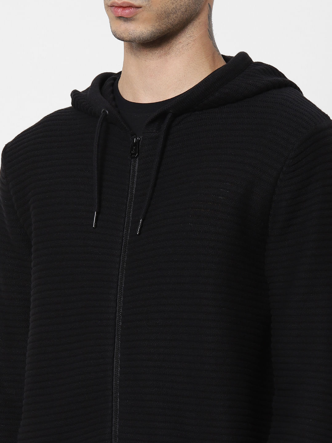Black Ribbed Hooded Cardigan