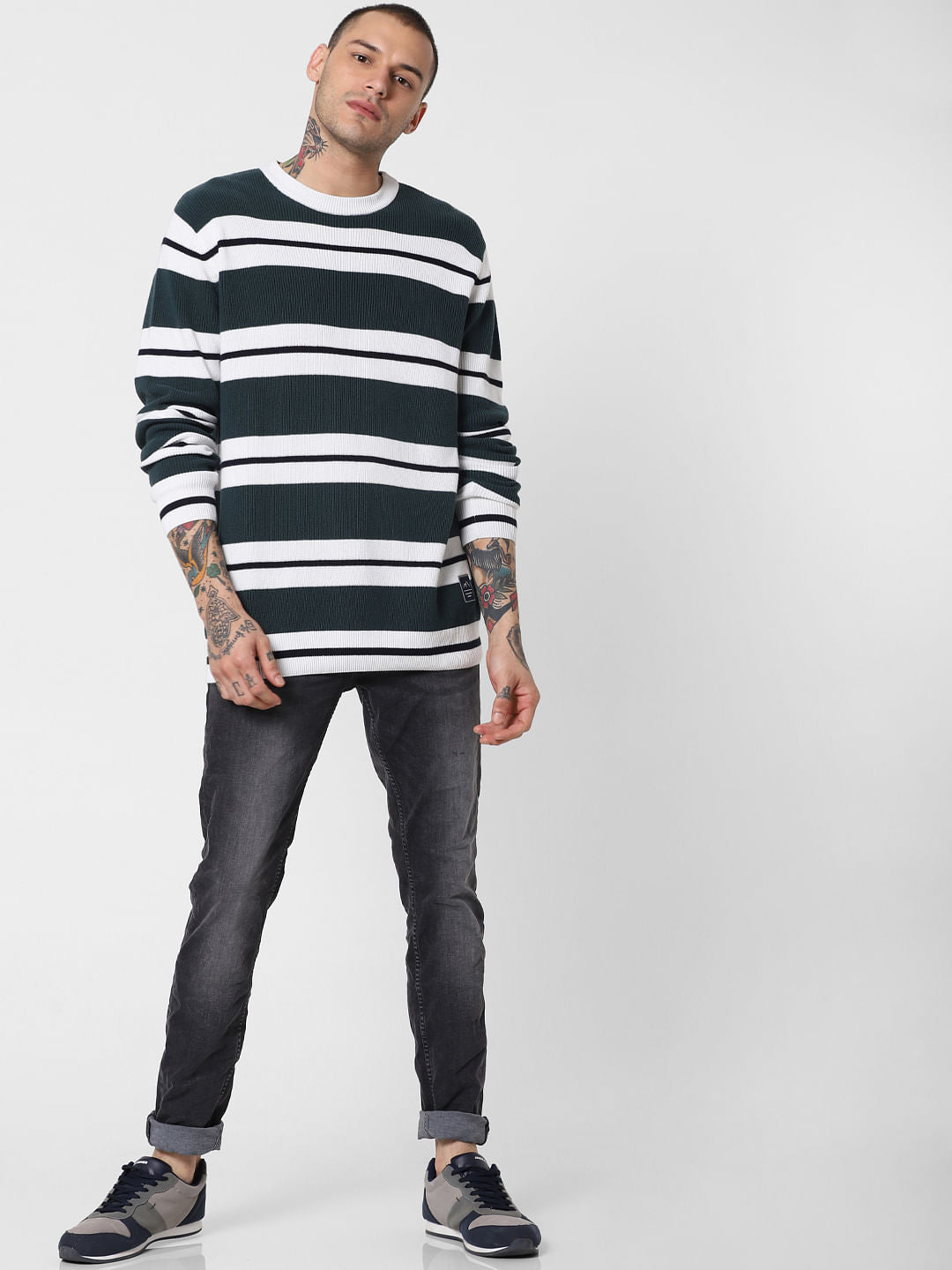 Dark Green Striped Pullover