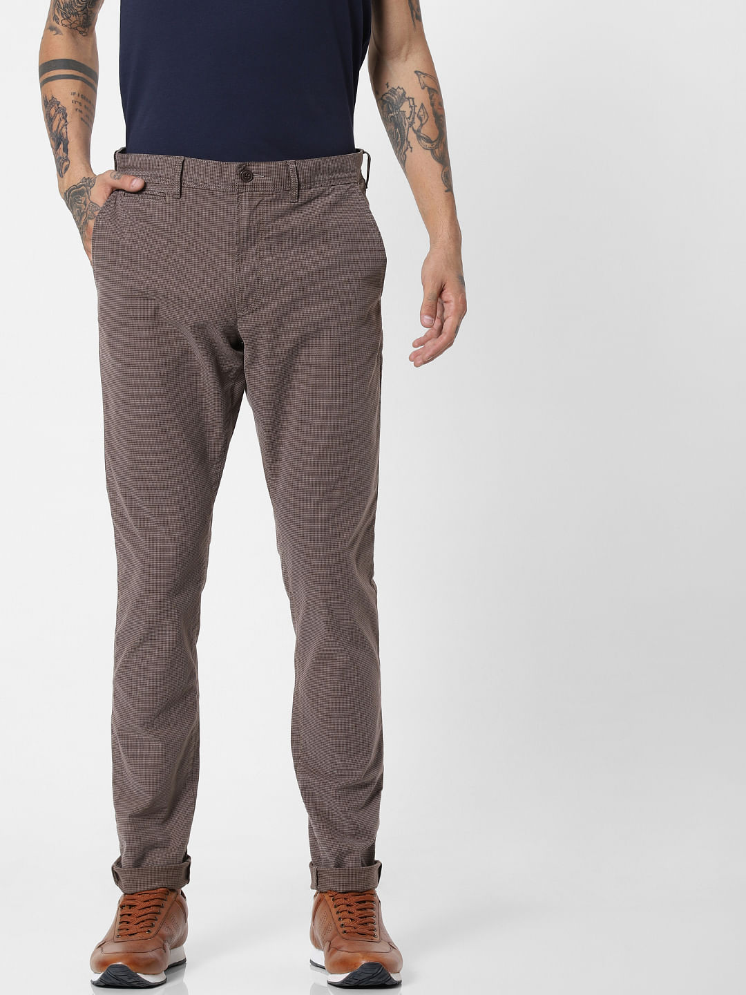 Brown Printed Slim Fit Pants