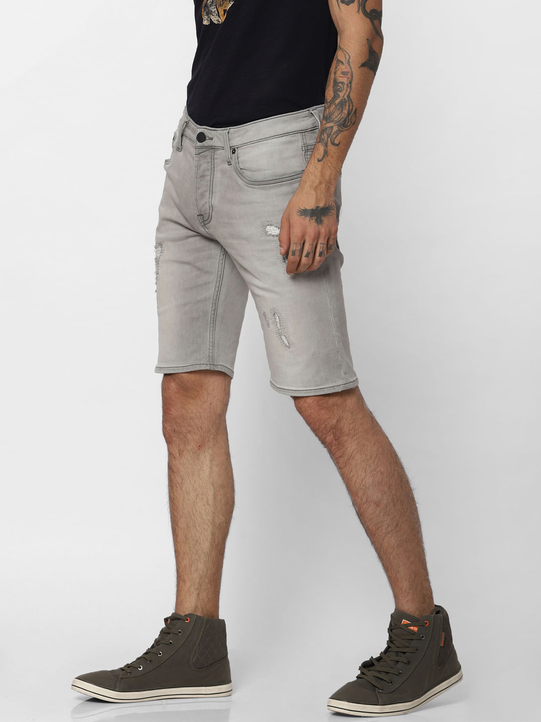 Grey Distressed Denim Shorts