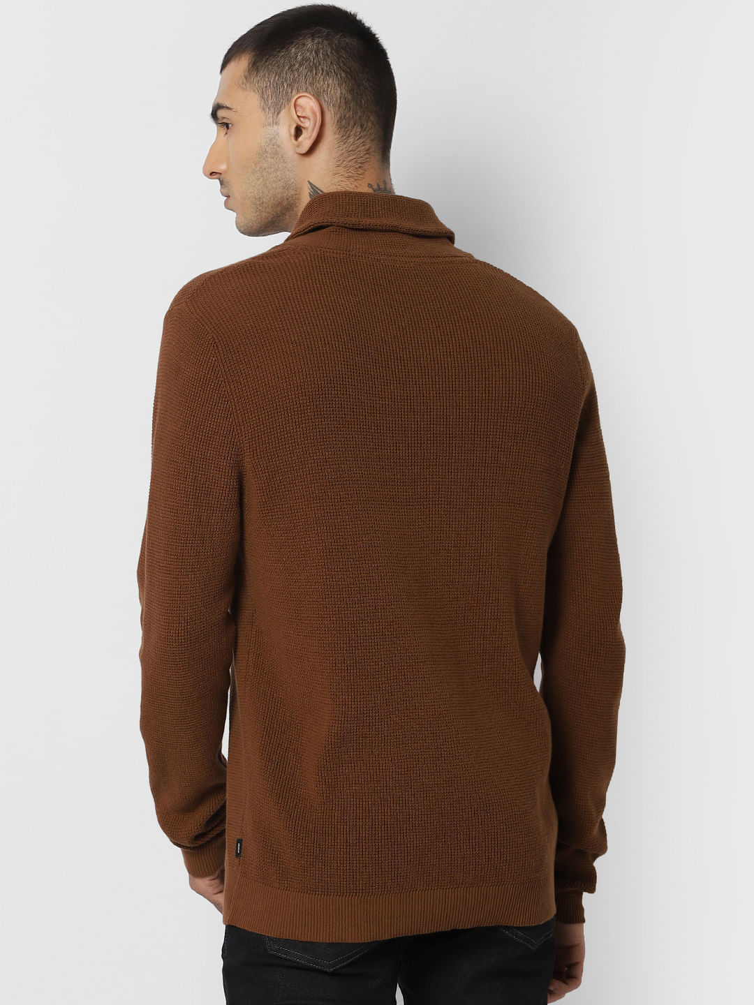 Brown Textured Shawl Neck Pullover